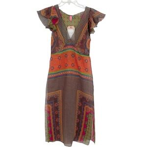 FARM Rio Orange and Green Printed Flutter-Sleeve Midi Dress